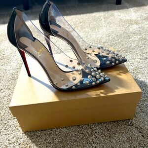 CHRISTIAN LOUBOUTIN 
PVC Patent Collaclou 100 Pumps 38.5 Black/Silver